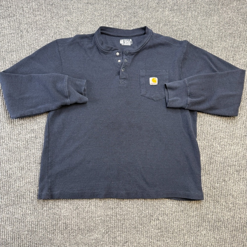 Carhartt Shirt Mens 2XL Navy Blue Thermal Henley Relaxed Fit Distressed Chore